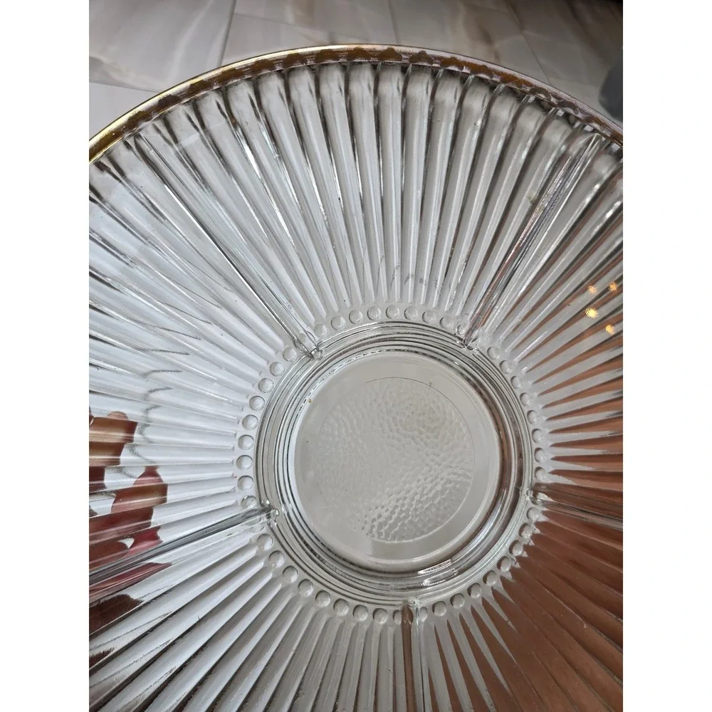 Vintage Divided Glass Relish Tray Gold Rim Ribbed 4 Section Round Server 14in E1